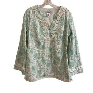 Lilly Pulitzer White Bell Sleeve Tunic Blue & Green Floral Seashell Embroidery S